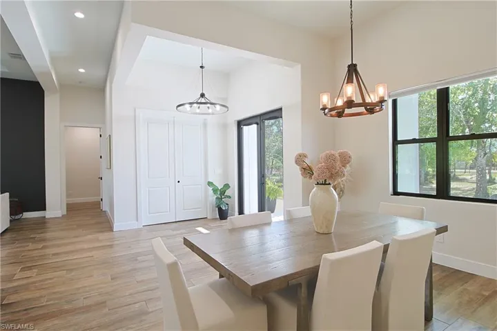 Dining room featuring light wood-style flooring and hanging lights