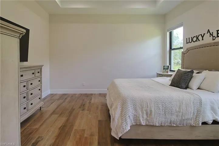 Bedroom with wood finished floors and a tray ceiling
