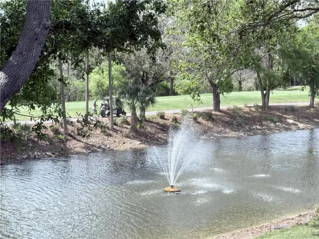 Water view with a tree filled landscape and fountain