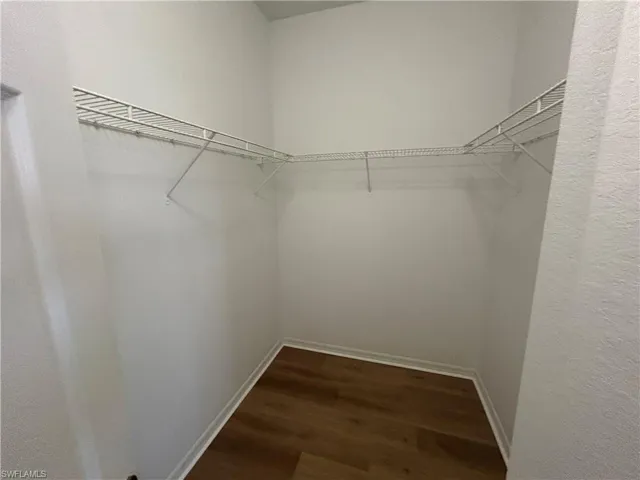 Walk in closet with dark wood-style flooring