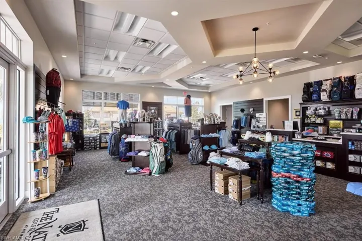 Miscellaneous room with a raised ceiling and hanging lights
