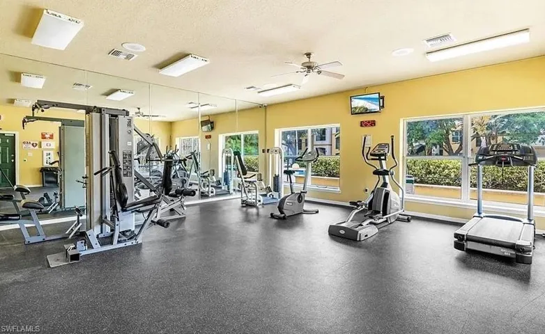 Gym with a wealth of natural light, visible vents, and a ceiling fan