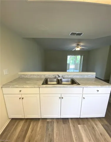 New Kitchen cabinetry and sink overlooks the spacious living area