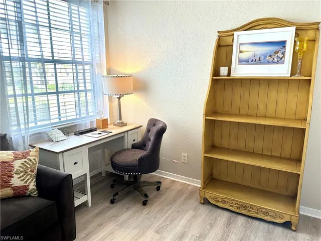 Office space has extra shelving and a large closet.