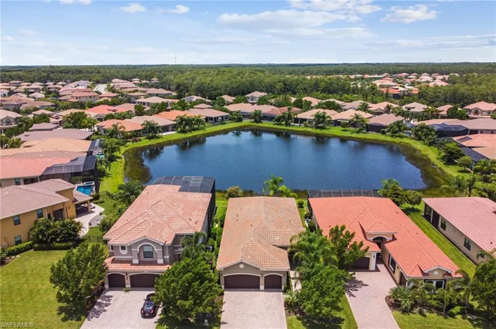 Aerial perspective of suburban area with a large body of water