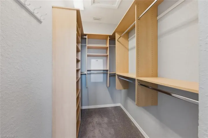 Walk in closet featuring dark colored carpet
