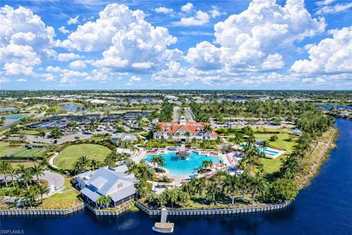 Bird's eye view of a nearby body of water and a pool