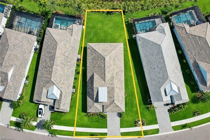 Aerial overview of property's location featuring property boundaries highlighted and a pool