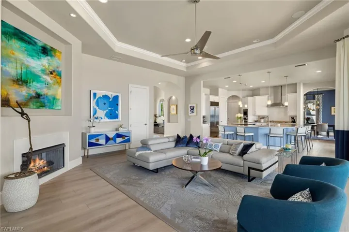 Living room with a tray ceiling, ceiling fan, light hardwood / wood-style flooring, and ornamental molding