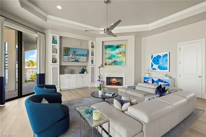 Living room with a raised ceiling, light hardwood / wood-style flooring, and ornamental molding