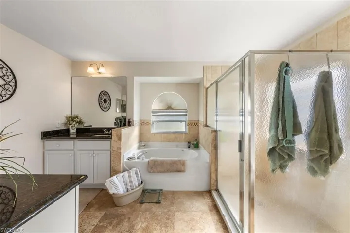Bathroom with shower with separate bathtub and vanity