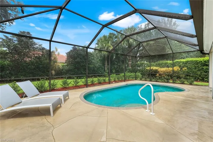 Swimming pool with enclosed screen cage, a lanai, and a patio area