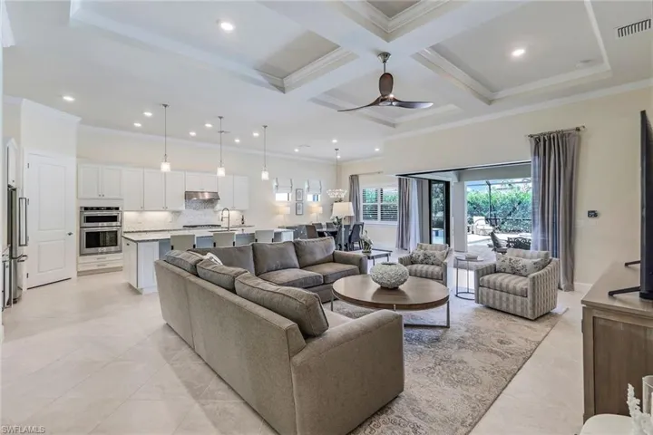 Great room featuring views of outside, open concept to kitchen and living room