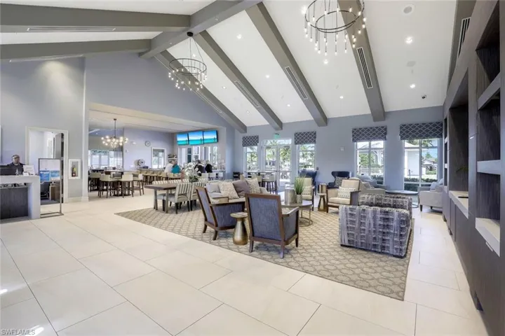 Community clubhouse lobby, lounge, and restaurant