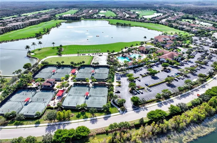 Aerial view of a large body of water and a golf course