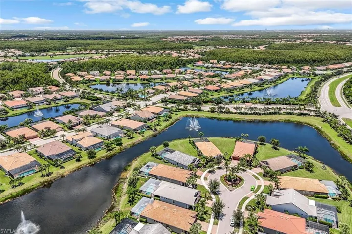 Aerial view of residential area featuring a nearby body of water