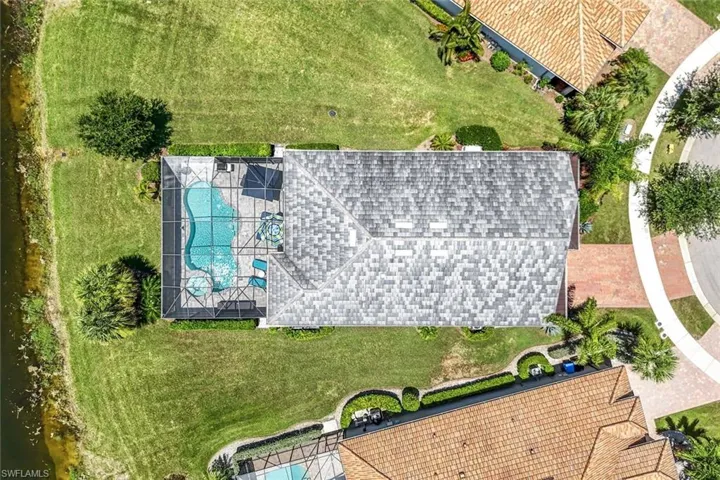 View from above of property with a pool area