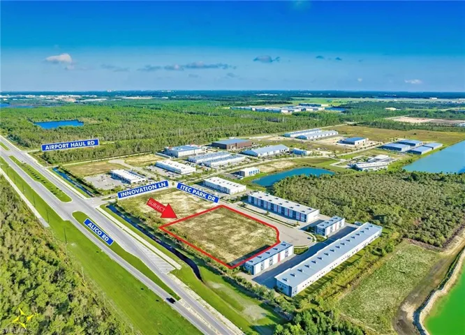 Aerial overview of property's location featuring property parcel outlined and a nearby body of water