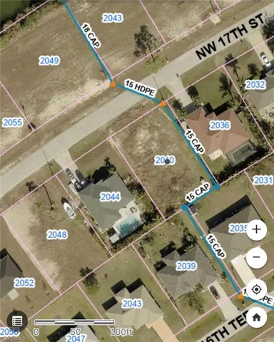 Aerial map of property and surrounding area with property boundaries highlighted
