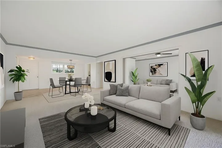Virtually Staged Dining.  An example of two sitting areas/den flex if second bedroom not required.