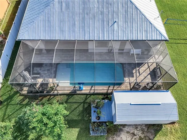 Aerial view pool and shed