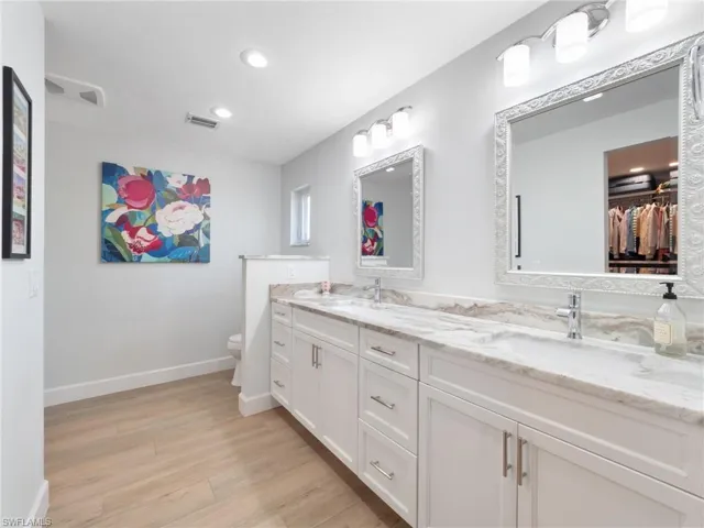 Bathroom featuring double vanity, light wood-type flooring, and a spacious closet
