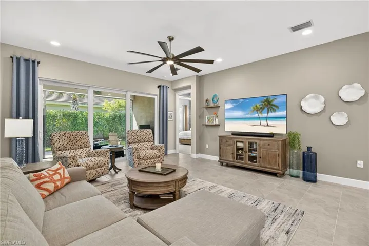 Great room comfortably will seat 7! Extra large ceiling fan to convey.