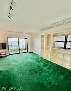 Unfurnished living room featuring rail lighting and carpet flooring