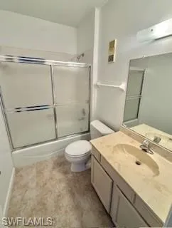 Full bathroom with vanity and bath / shower combo with glass door
