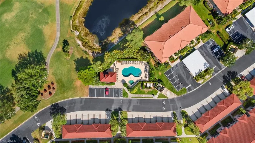 Drone / aerial featuring one of three Cypress Trace neighborhood pools.
