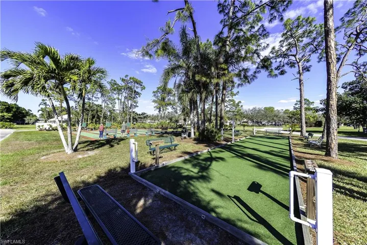 Community swimming pool with a surrounding concrete deck, flanked by mature palm trees and lush greenery