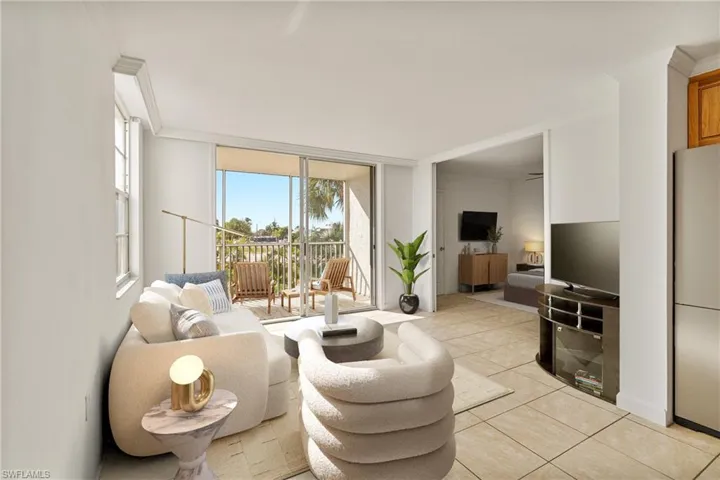 Living area featuring a wall of windows, light tile patterned floors, and crown molding