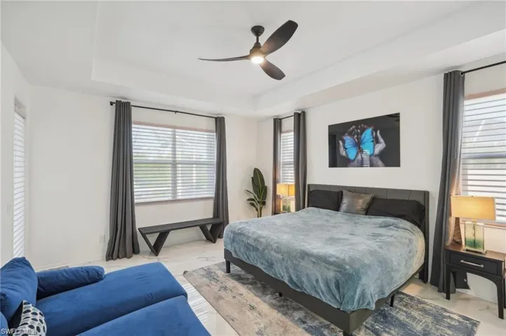 Bedroom with a tray ceiling and a ceiling fan