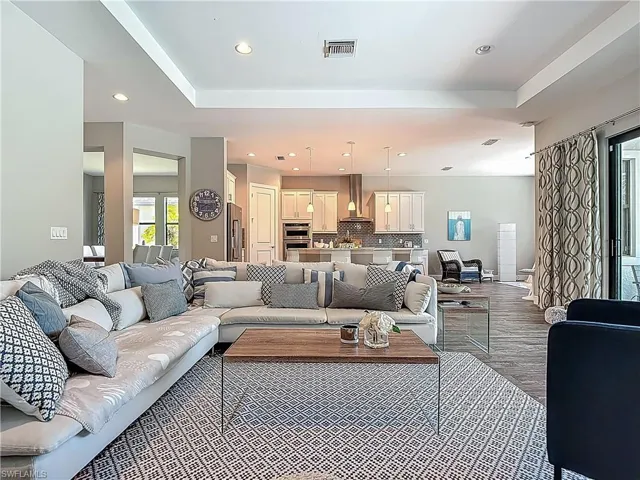 Living area featuring recessed lighting, wood finished floors, and a tray ceiling
