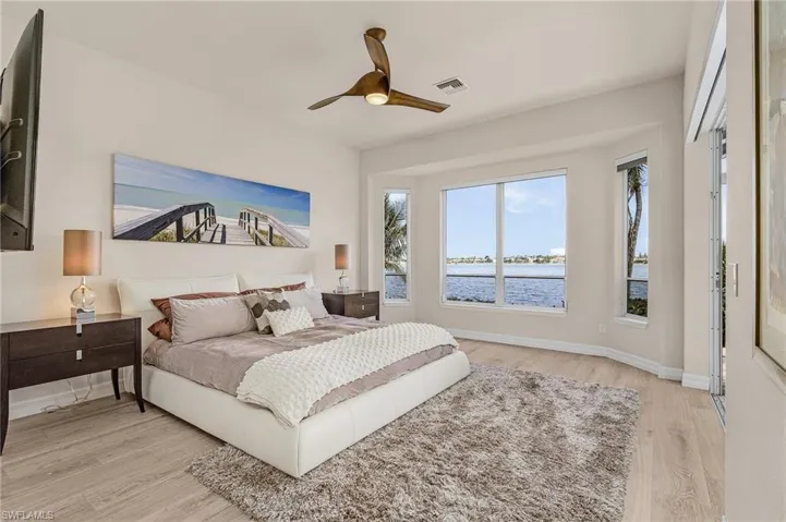 Bedroom featuring a water view, wood finished floors, and ceiling fan
