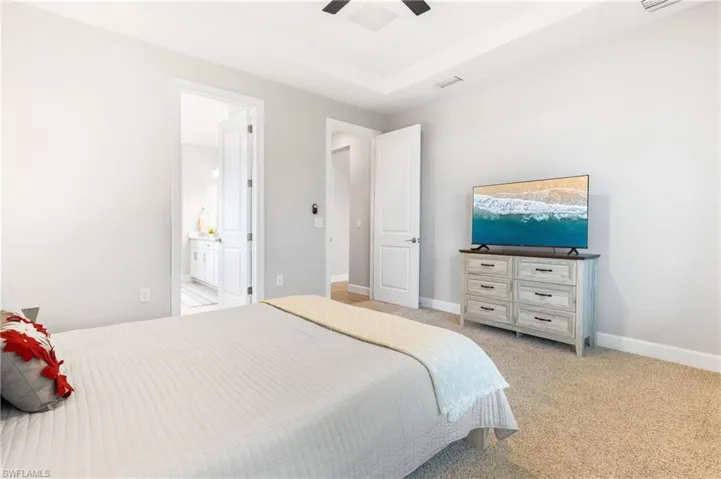 Bedroom with light colored carpet, a ceiling fan, connected bathroom, and a raised ceiling