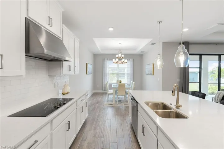 Kitchen featuring white cabinets, a tray ceiling, under cabinet range hood, light stone countertops, and dark wood-type flooring