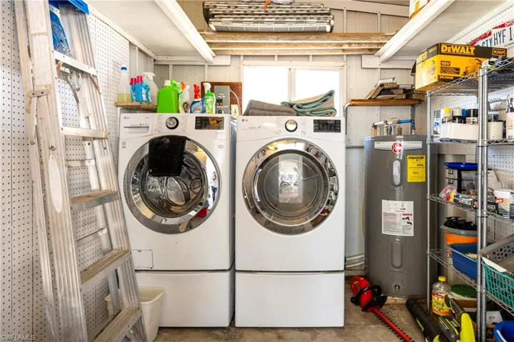 Laundry area with electric water heater, separate washer and dryer, and concrete floors