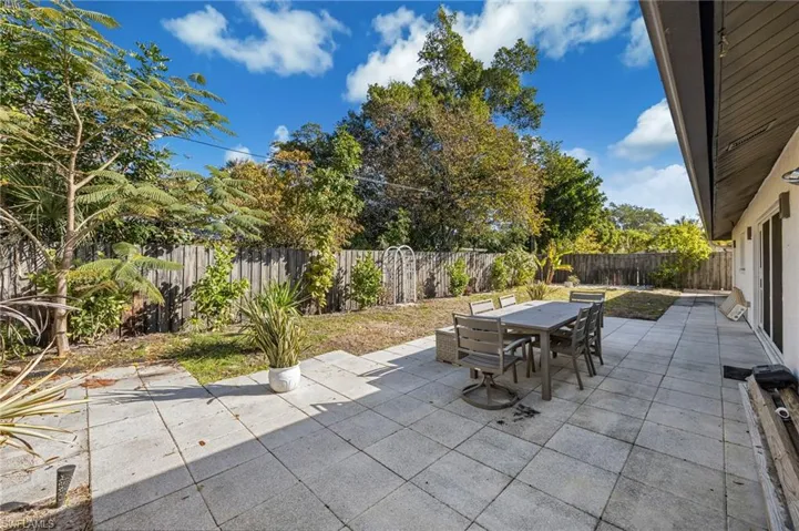 Fenced backyard with a patio and outdoor dining space
