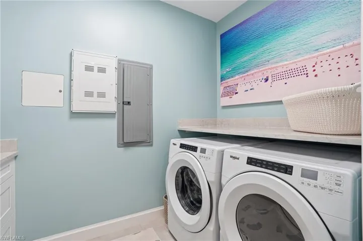 Laundry area featuring electric panel and independent washer and dryer