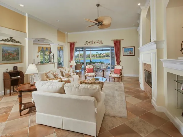 Great Room, tile floor, kitchen to left, natural gas fireplace and "WOW" view when entering from foyer.