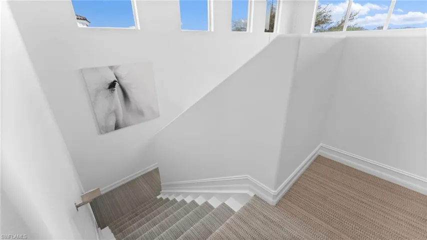 Staircase featuring carpet flooring and a healthy amount of sunlight