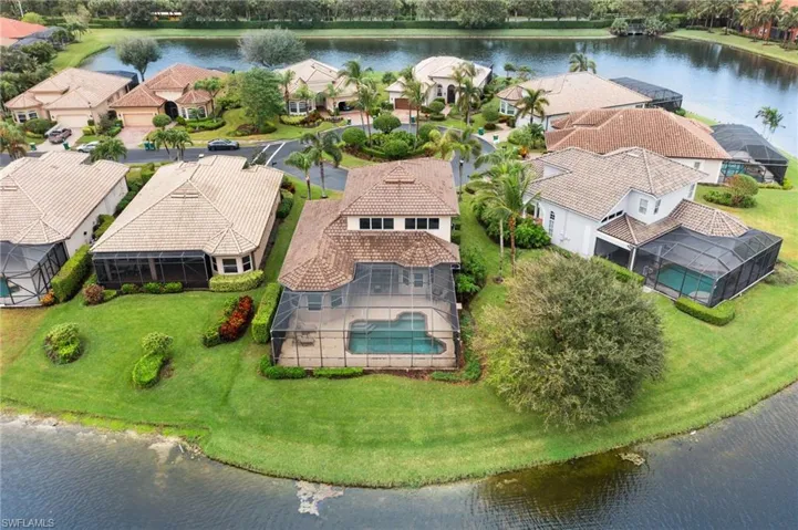 Birds eye view of property with a water view