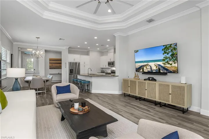 Great Room views of the Kitchen, Dining and Entry Foyer