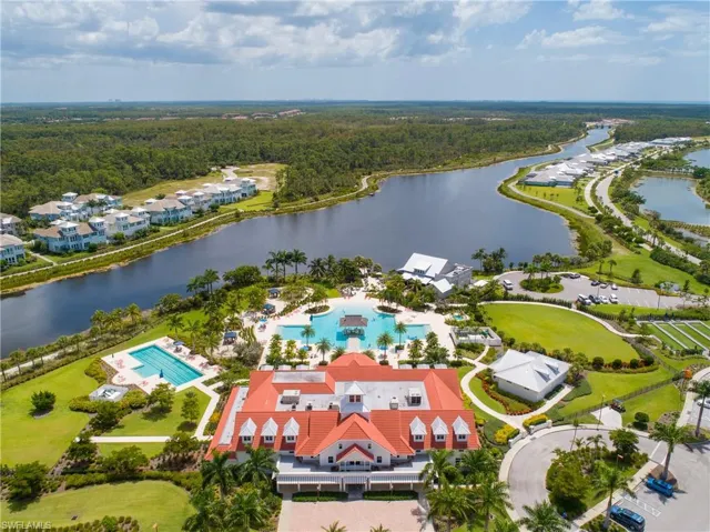 Bird's eye view of the Clubhouse, Lap Pool on the right, community pool center, Cypress Water Way.