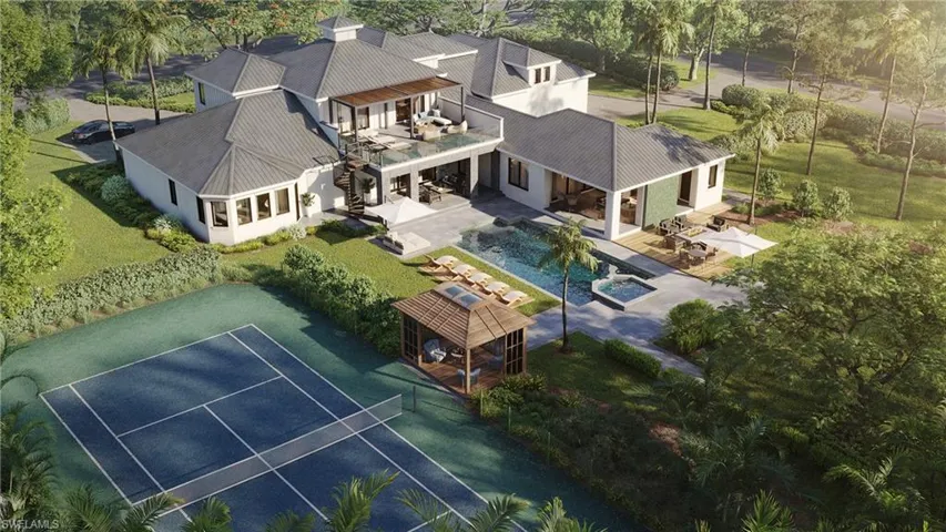 View of property featuring a pool, spa, tennis court, water feature wall and fire pit