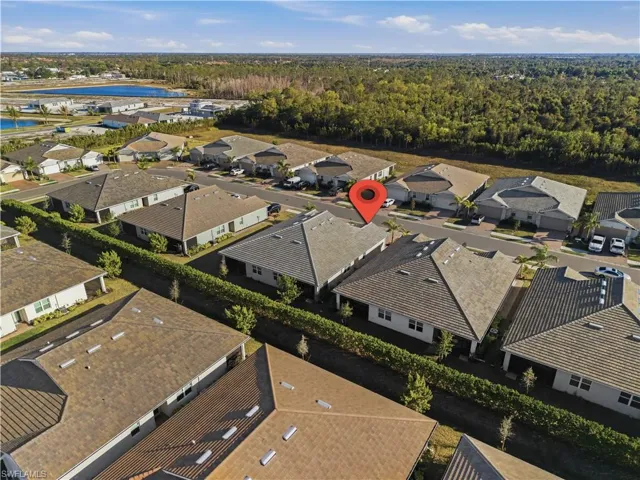 Aerial view of residential area with a forest and a large body of water