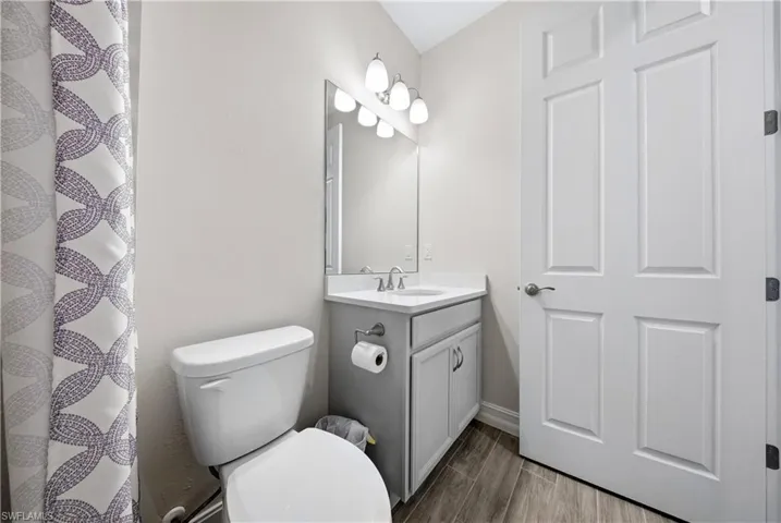 Full bath featuring vanity, wood tiled floors, and a shower with shower curtain