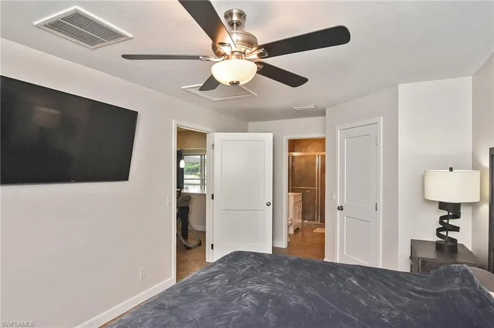 Bedroom featuring visible vents, baseboards, and ceiling fan