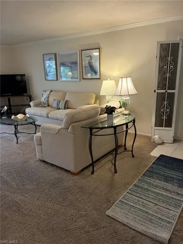 Living area with crown molding and carpet floors